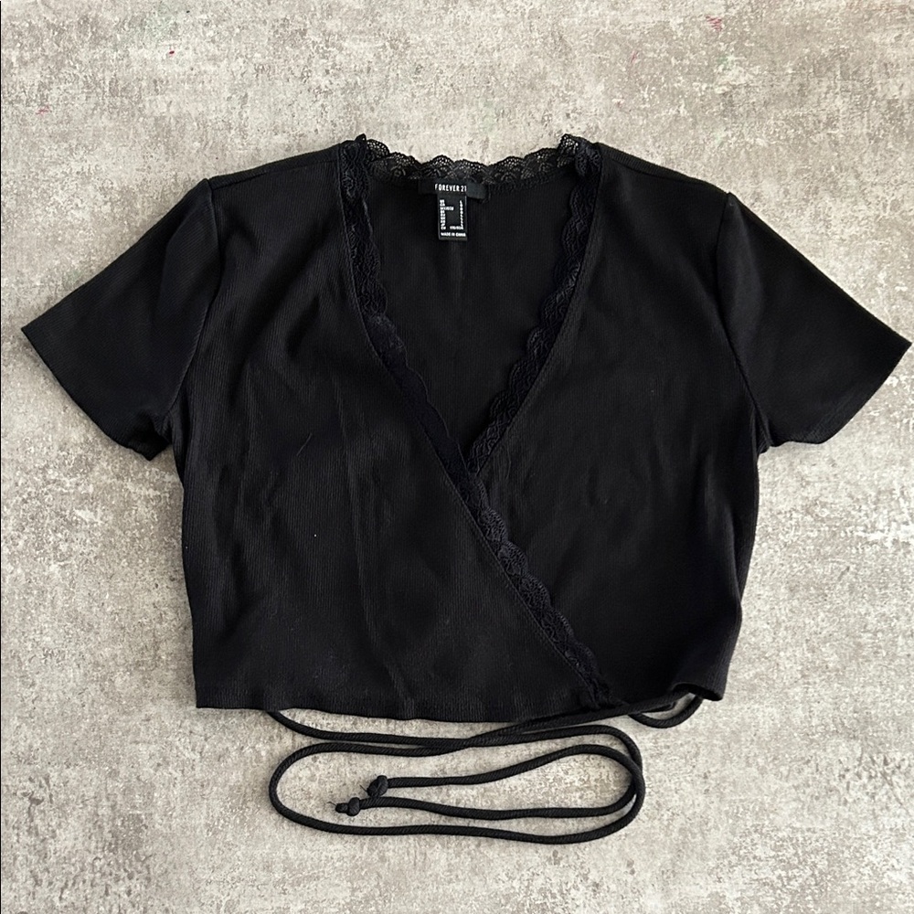 Forever 21 Black Lace-Trimmed Wrap Blouse